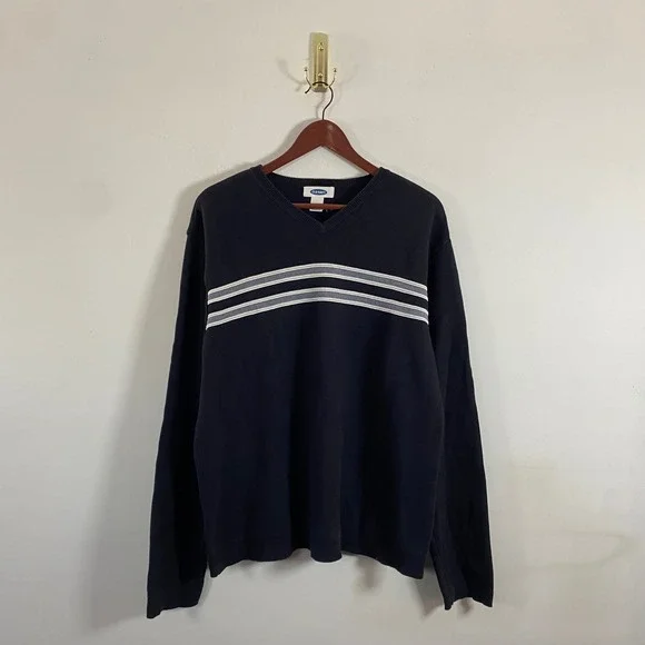 Old Navy Knit V-Neck Black Sweater White Gray Stripes Men's XL Cotton Grunge - Picture 1 of 6